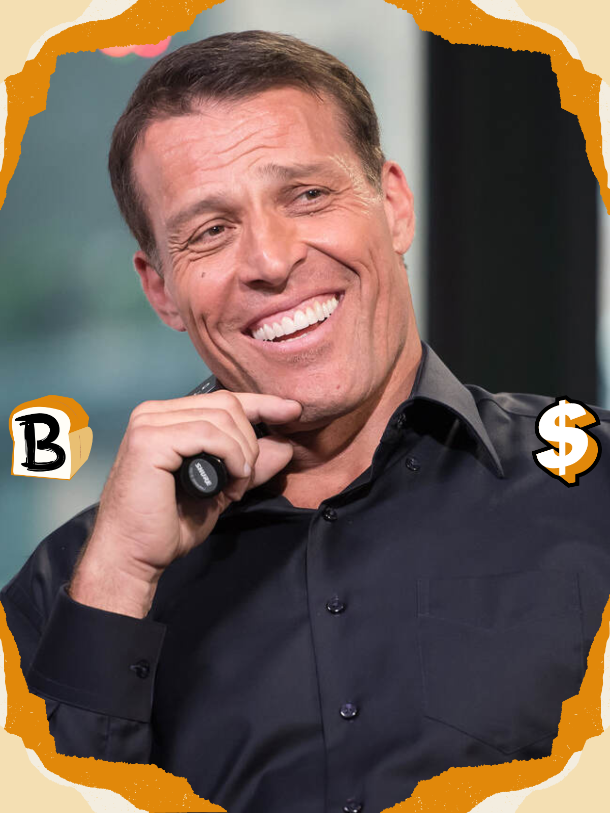 Tony Robbins smiling, symbolizing his success and positive energy.